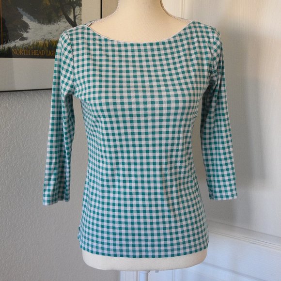 Lands' End Green White Gingham Three-Quarter Sleeve Cotton Top - Picture 1 of 7